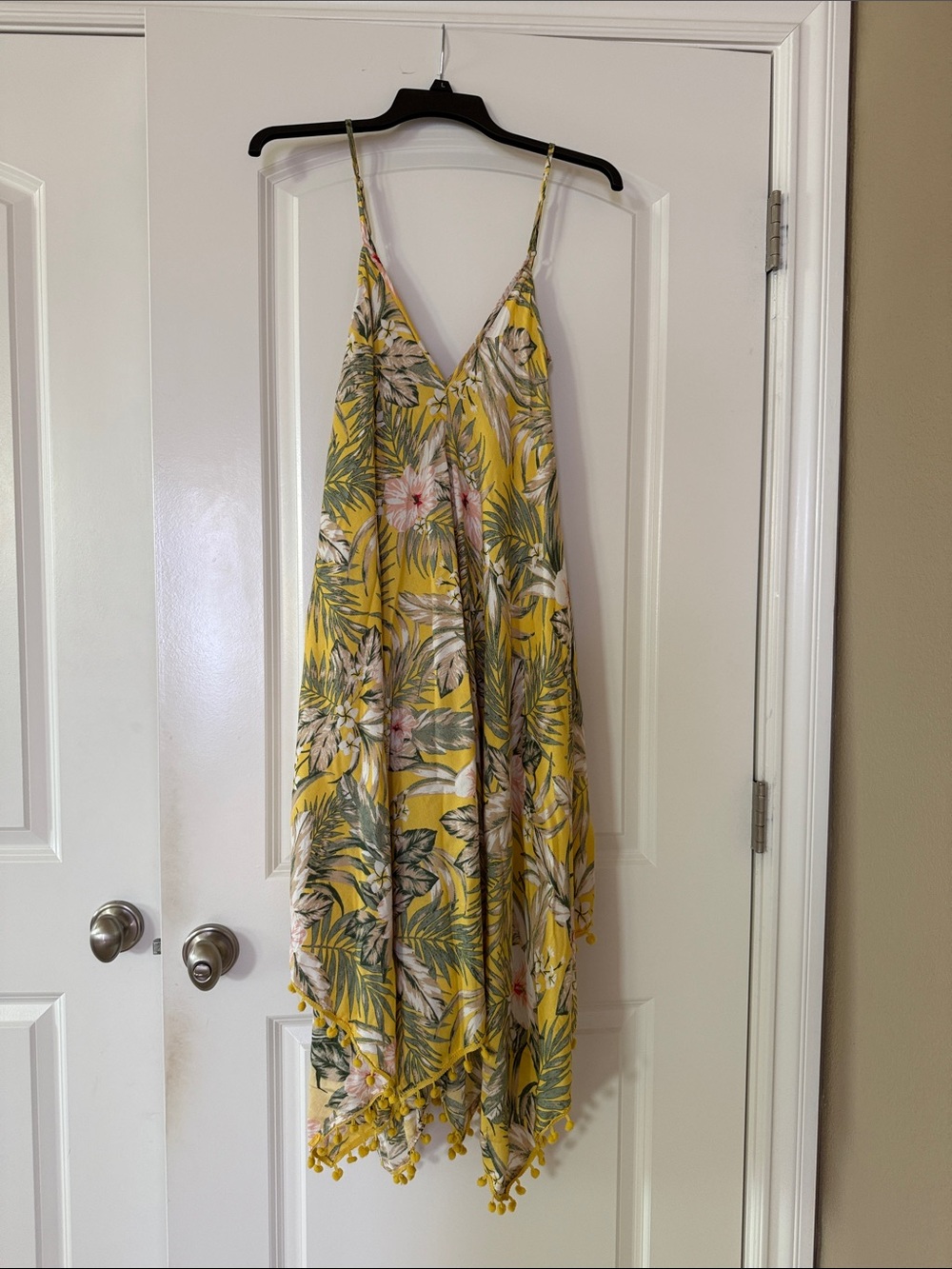 Yellow Tropical Floral Swim Cover with Pom Trim